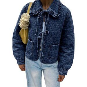 Women's Quilted Denim Puffer Jackets Tie Front Bow Cropped Puffy Jeans Coat